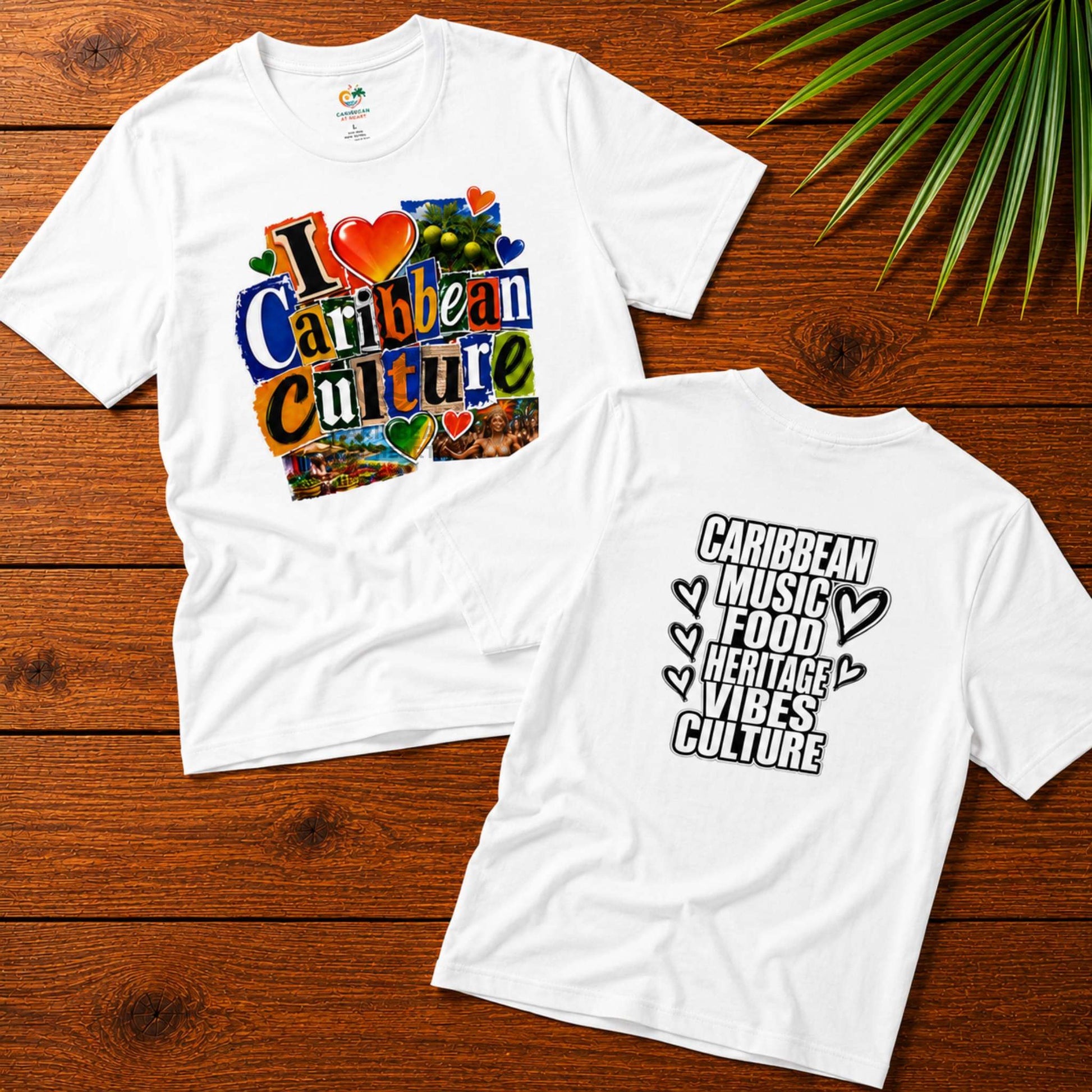 I Love Caribbean Culture adult unisex t-shirt with colorful front graphic and Caribbean culture word design on the back.