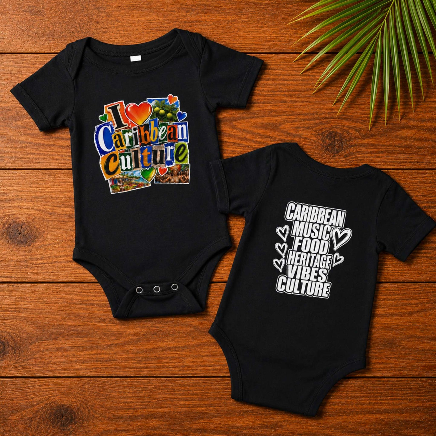 Baby bodysuit with colorful I Love Caribbean Culture graphic for matching Caribbean family outfits.