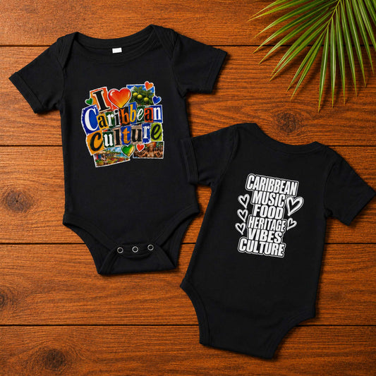 Baby bodysuit with colorful I Love Caribbean Culture graphic for matching Caribbean family outfits.