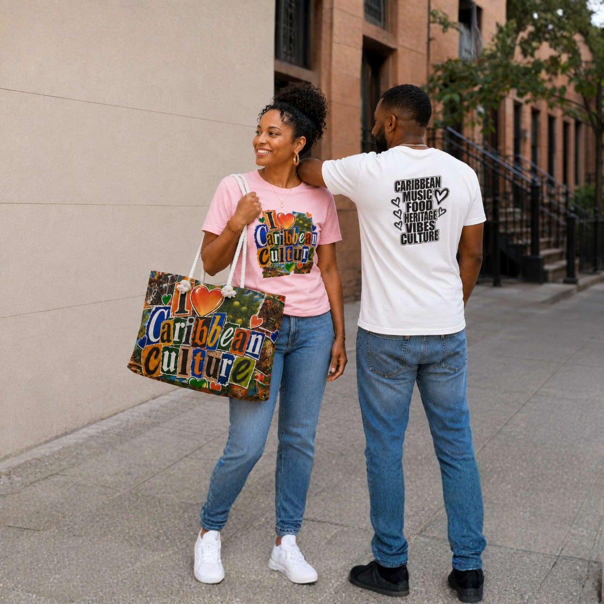 I Love Caribbean Culture weekender tote bag with colorful Caribbean collage design and rope handles and adult t-shirt.
