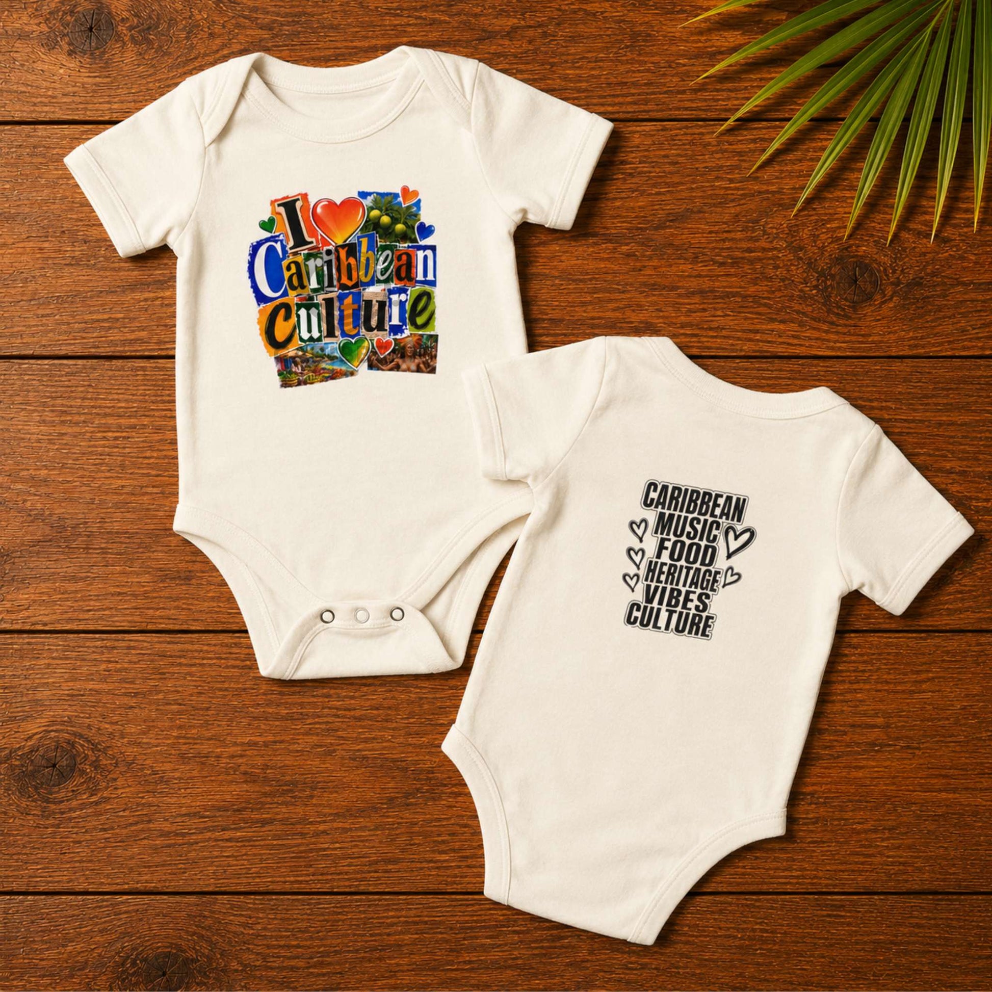 Baby bodysuit with colorful I Love Caribbean Culture graphic for matching Caribbean family outfits.