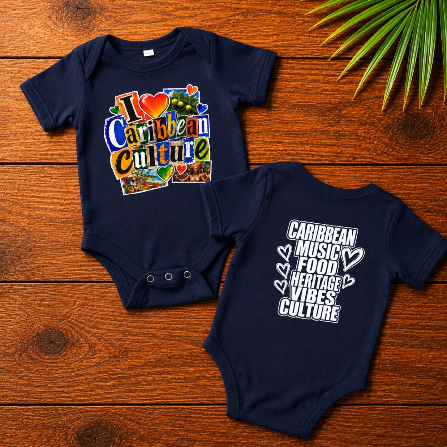 Baby bodysuit with colorful I Love Caribbean Culture graphic for matching Caribbean family outfits.