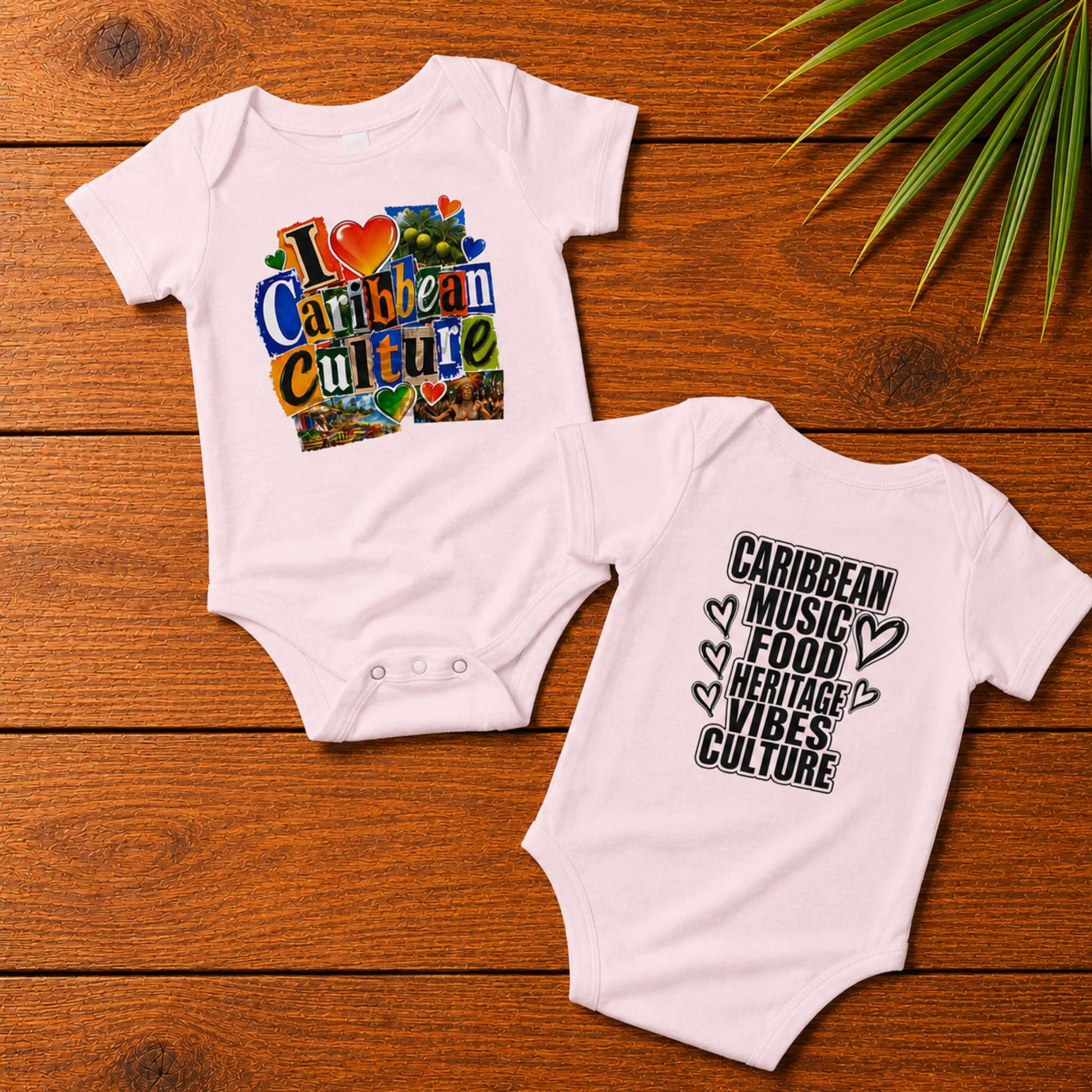 Baby bodysuit with colorful I Love Caribbean Culture graphic for matching Caribbean family outfits.