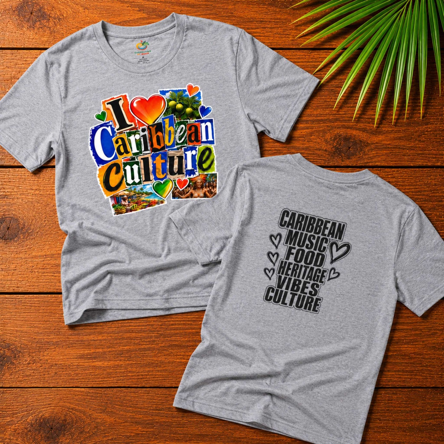 I Love Caribbean Culture adult unisex t-shirt with colorful front graphic and Caribbean culture word design on the back.