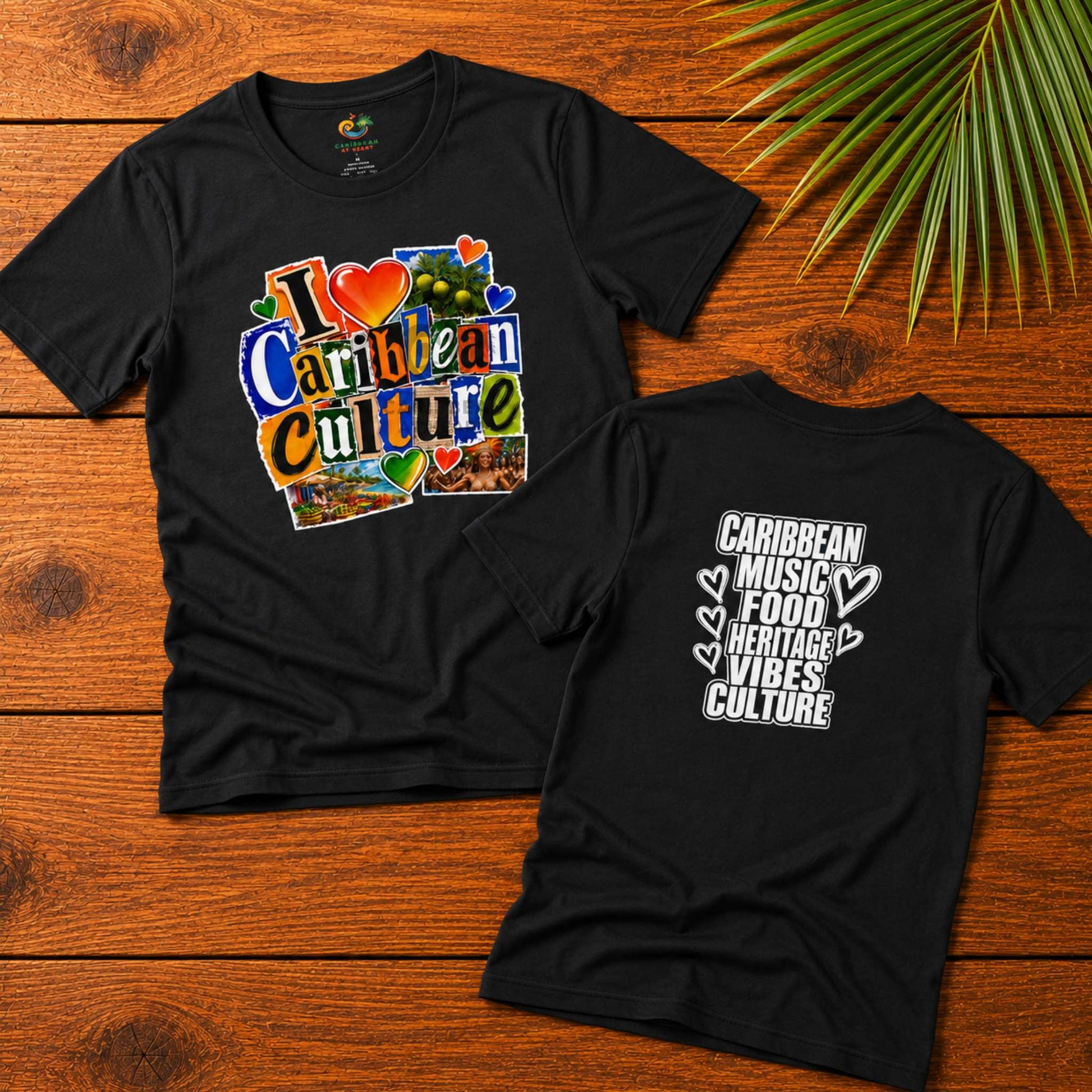 I Love Caribbean Culture adult unisex t-shirt with colorful front graphic and Caribbean culture word design on the back.