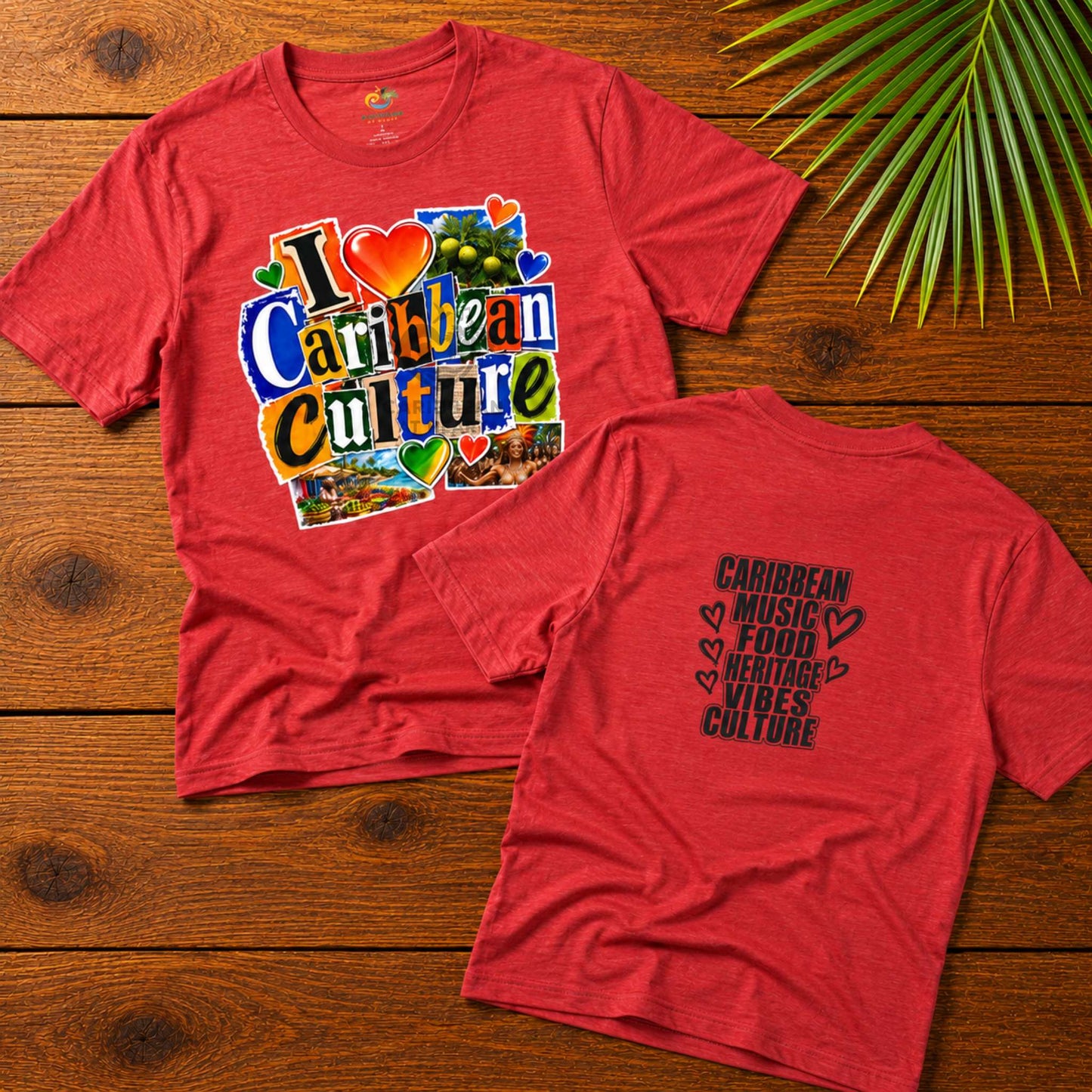 I Love Caribbean Culture adult unisex t-shirt with colorful front graphic and Caribbean culture word design on the back.