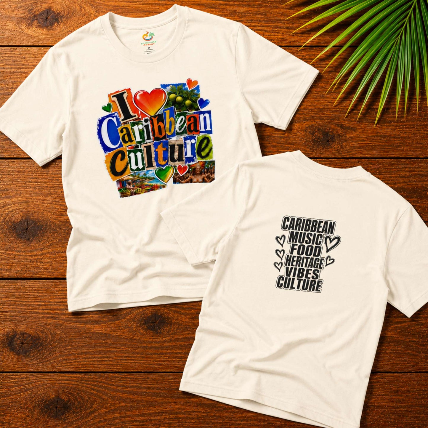 I Love Caribbean Culture adult unisex t-shirt with colorful front graphic and Caribbean culture word design on the back.