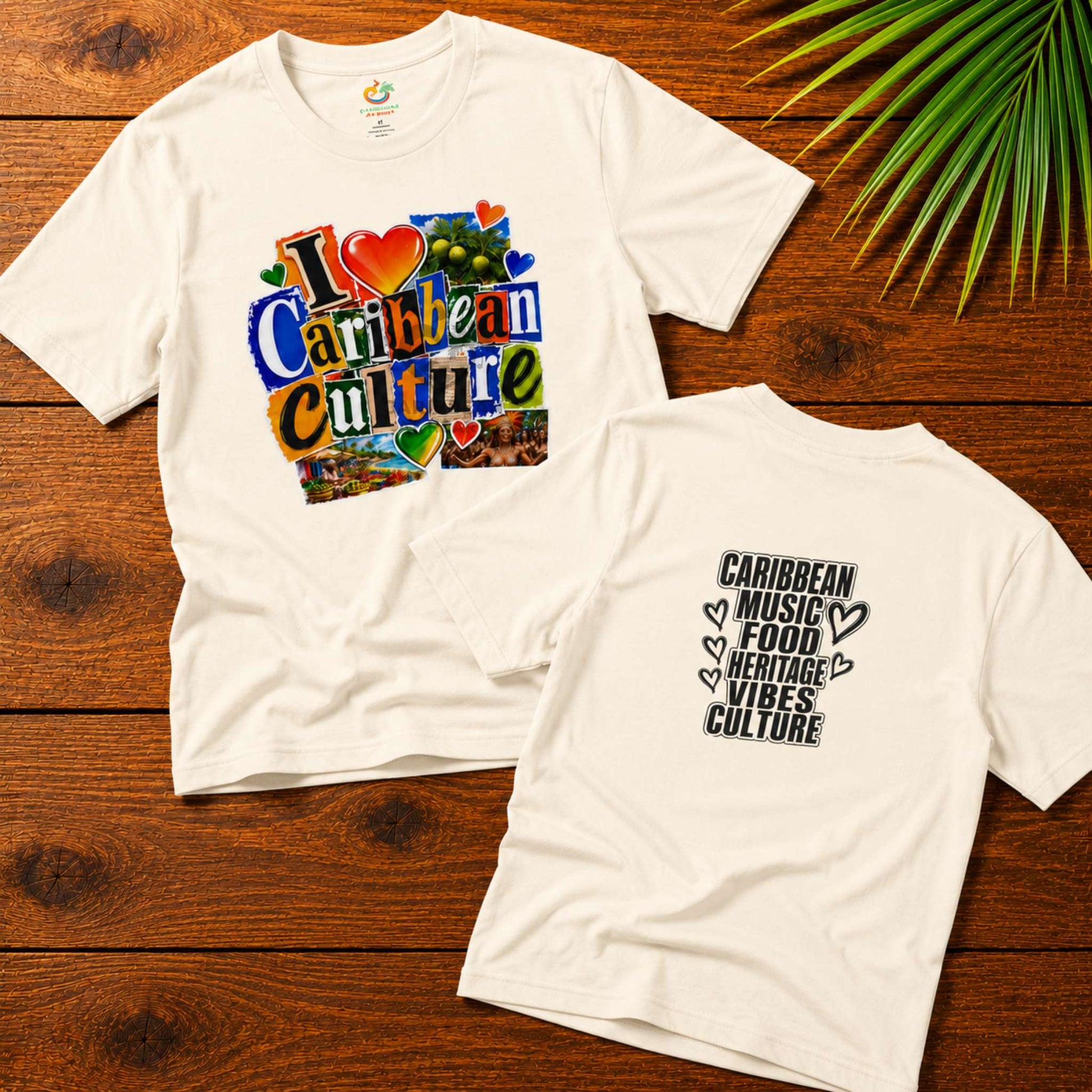 I Love Caribbean Culture adult unisex t-shirt with colorful front graphic and Caribbean culture word design on the back.