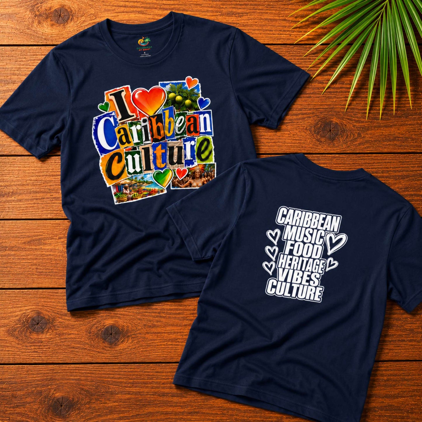 I Love Caribbean Culture adult unisex t-shirt with colorful front graphic and Caribbean culture word design on the back.