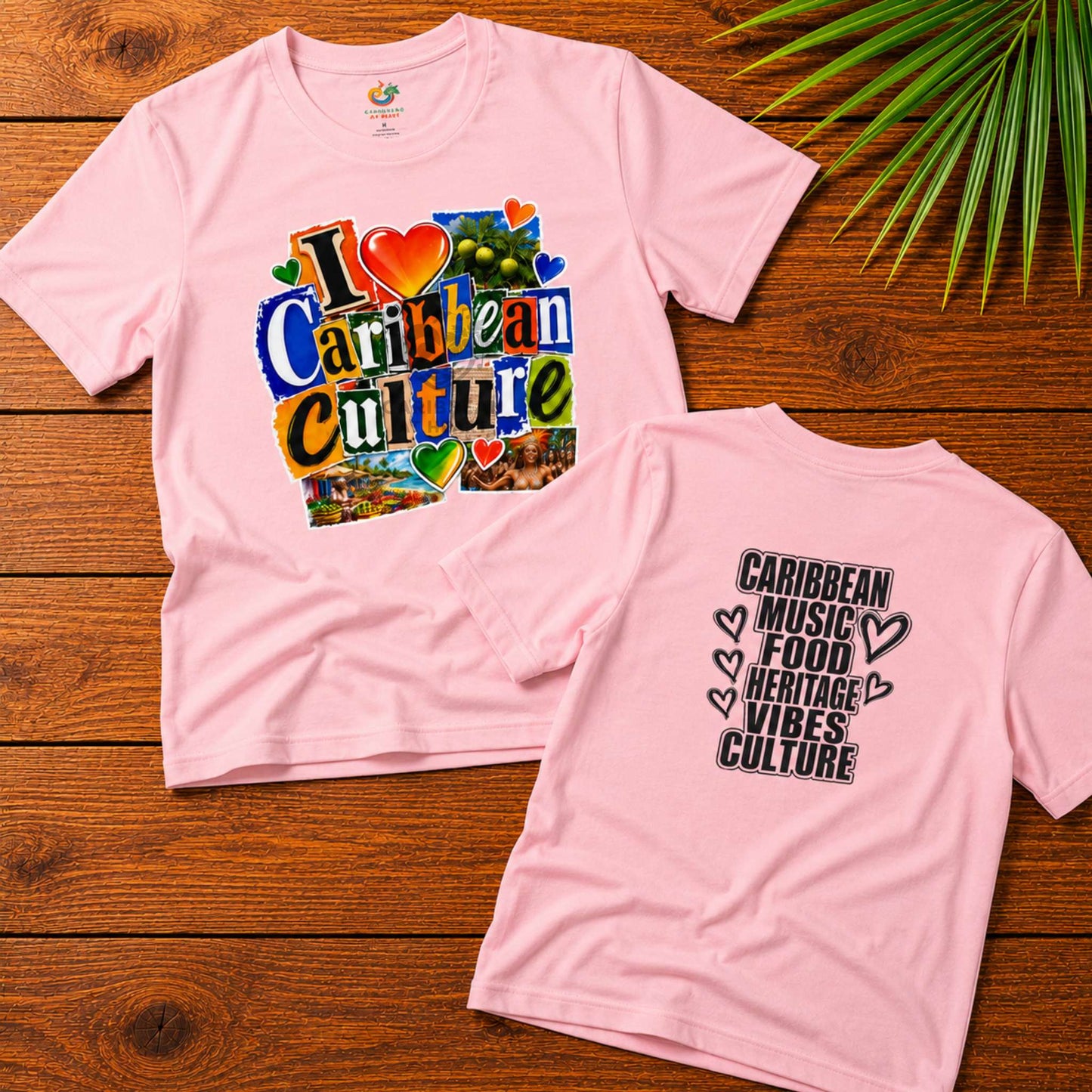 I Love Caribbean Culture adult unisex t-shirt with colorful front graphic and Caribbean culture word design on the back.