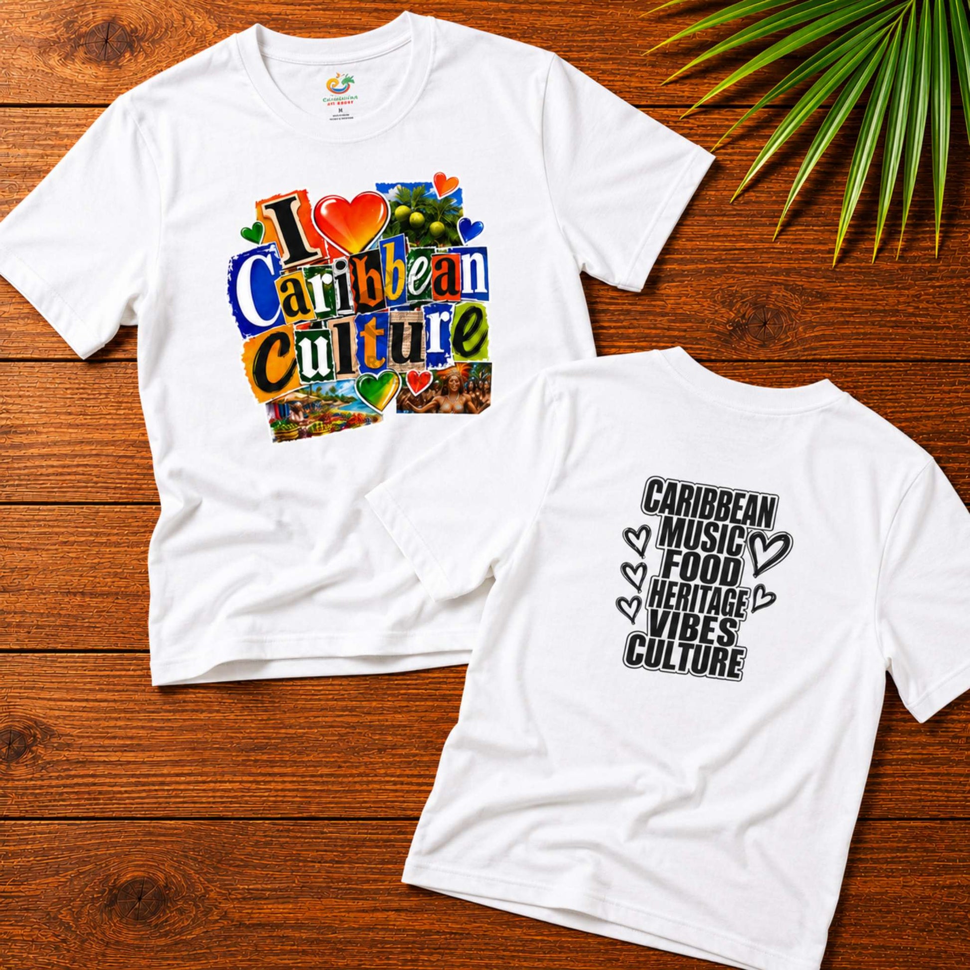 I Love Caribbean Culture adult unisex t-shirt with colorful front graphic and Caribbean culture word design on the back.