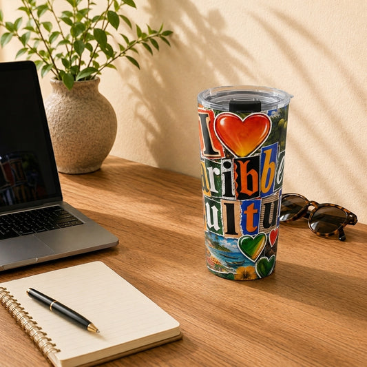 I Love Caribbean Culture 20 oz tumbler with colorful Caribbean collage design and heart graphics.
