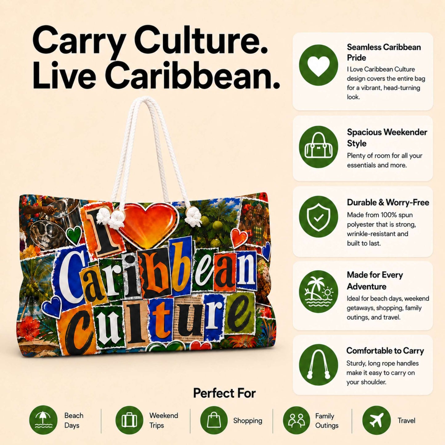 I Love Caribbean Culture weekender tote bag with colorful Caribbean collage design and rope handles.