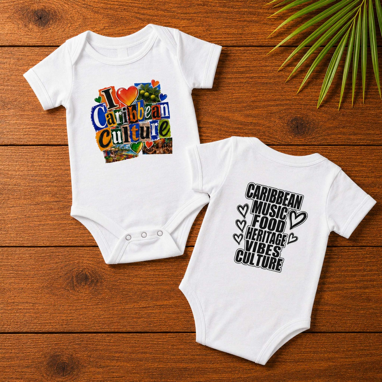 Baby bodysuit with colorful I Love Caribbean Culture graphic for matching Caribbean family outfits.