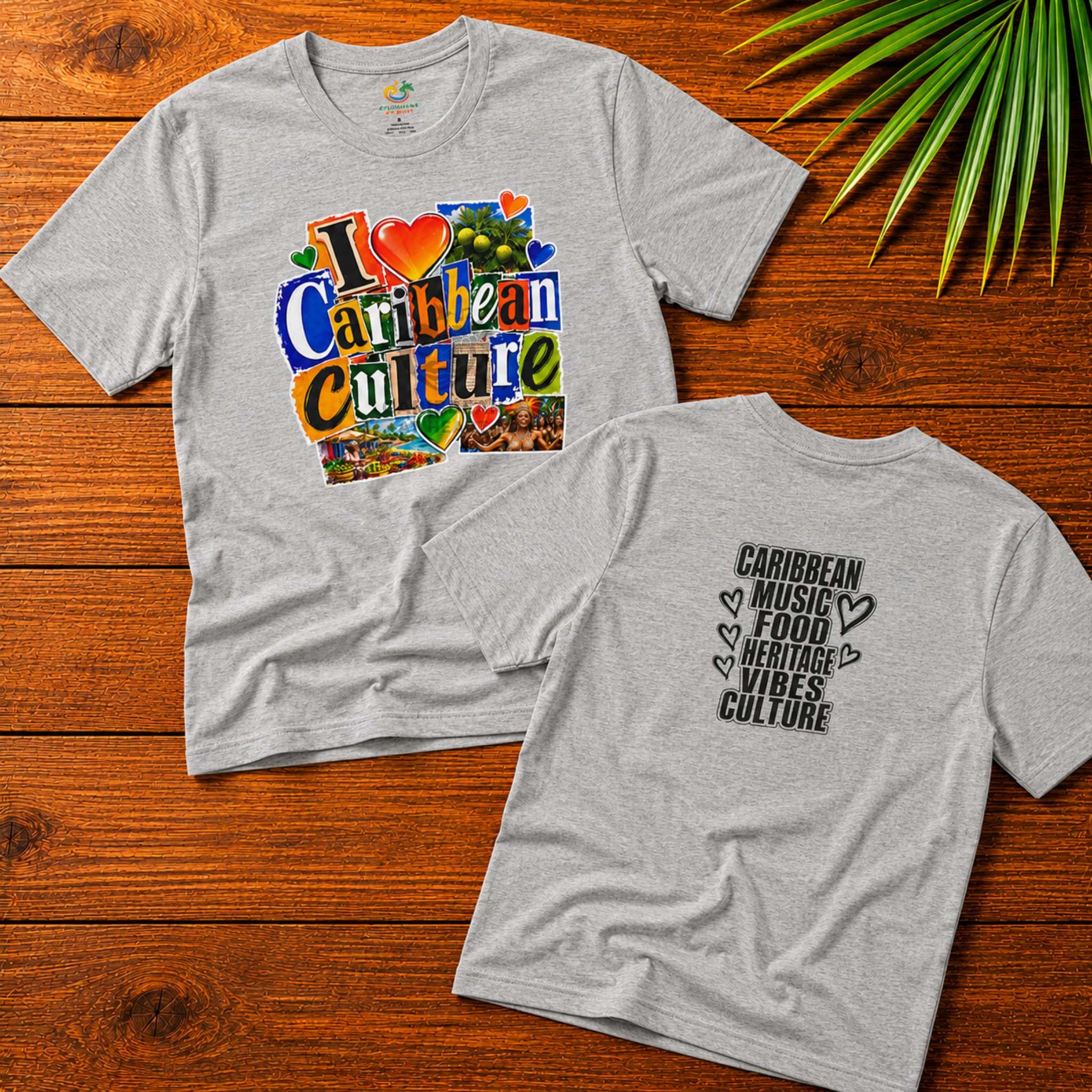 Youth shirt with colorful I Love Caribbean Culture graphic for Caribbean kids and matching family outfits.