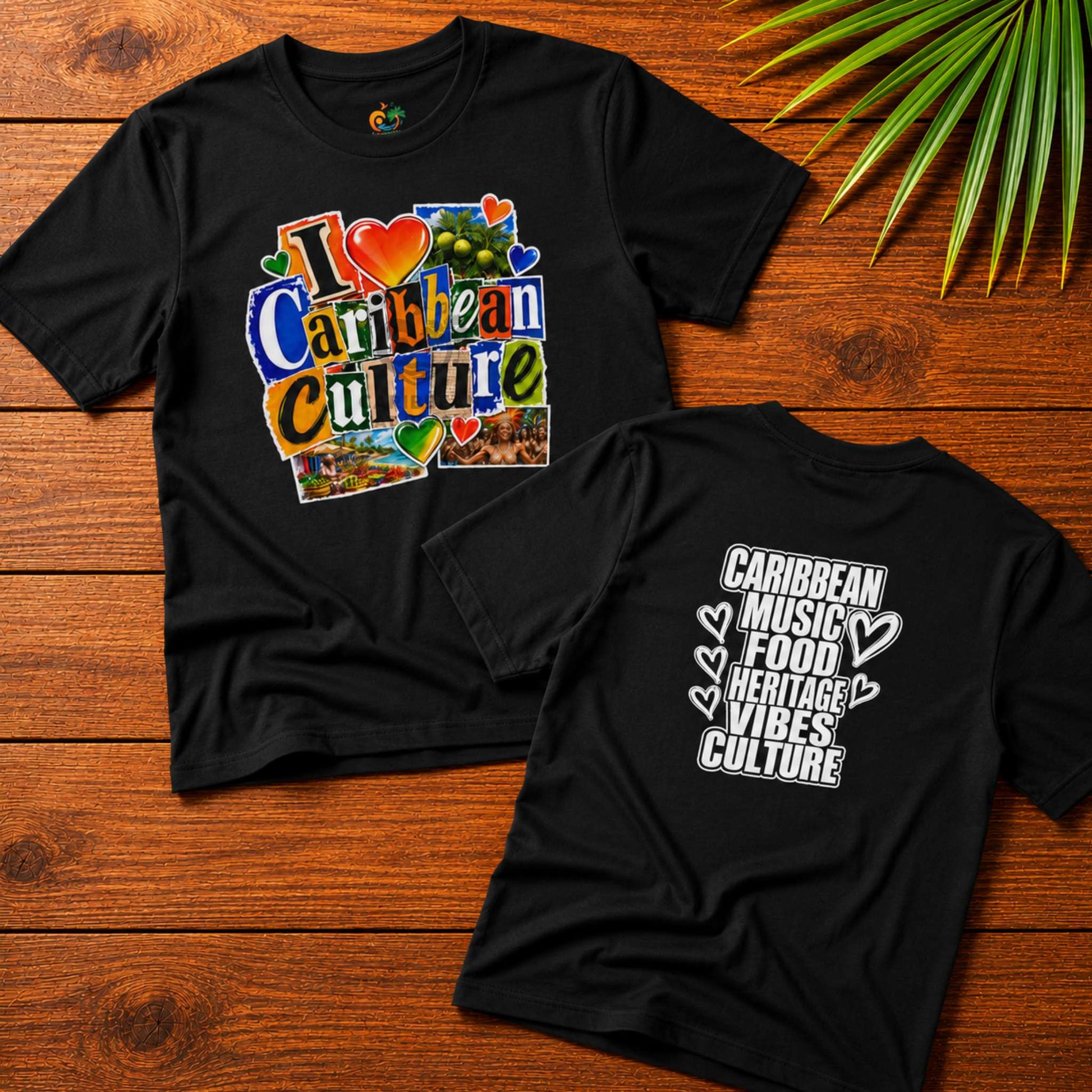 Youth shirt with colorful I Love Caribbean Culture graphic for Caribbean kids and matching family outfits.