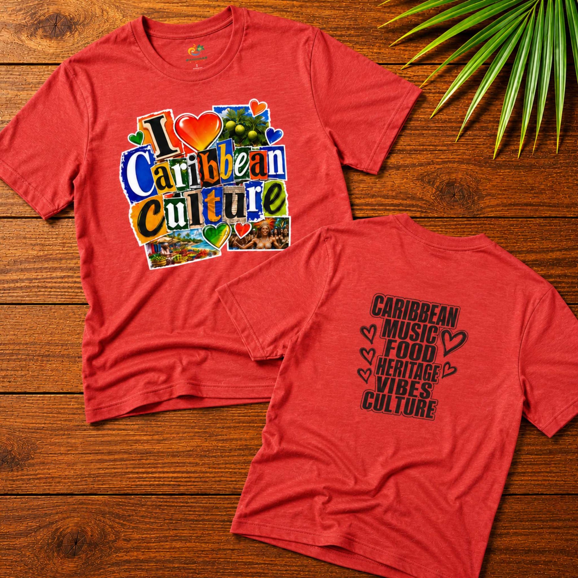 Youth shirt with colorful I Love Caribbean Culture graphic for Caribbean kids and matching family outfits.