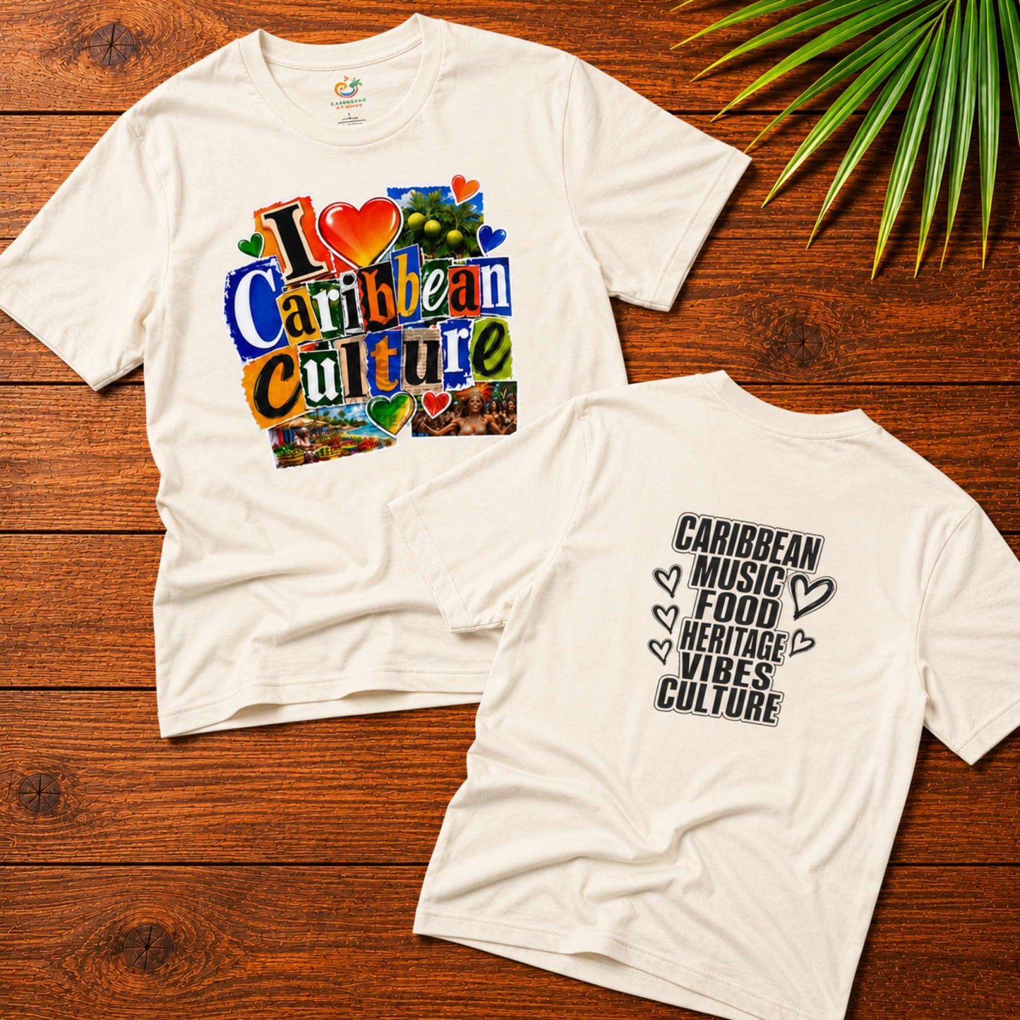Youth shirt with colorful I Love Caribbean Culture graphic for Caribbean kids and matching family outfits.