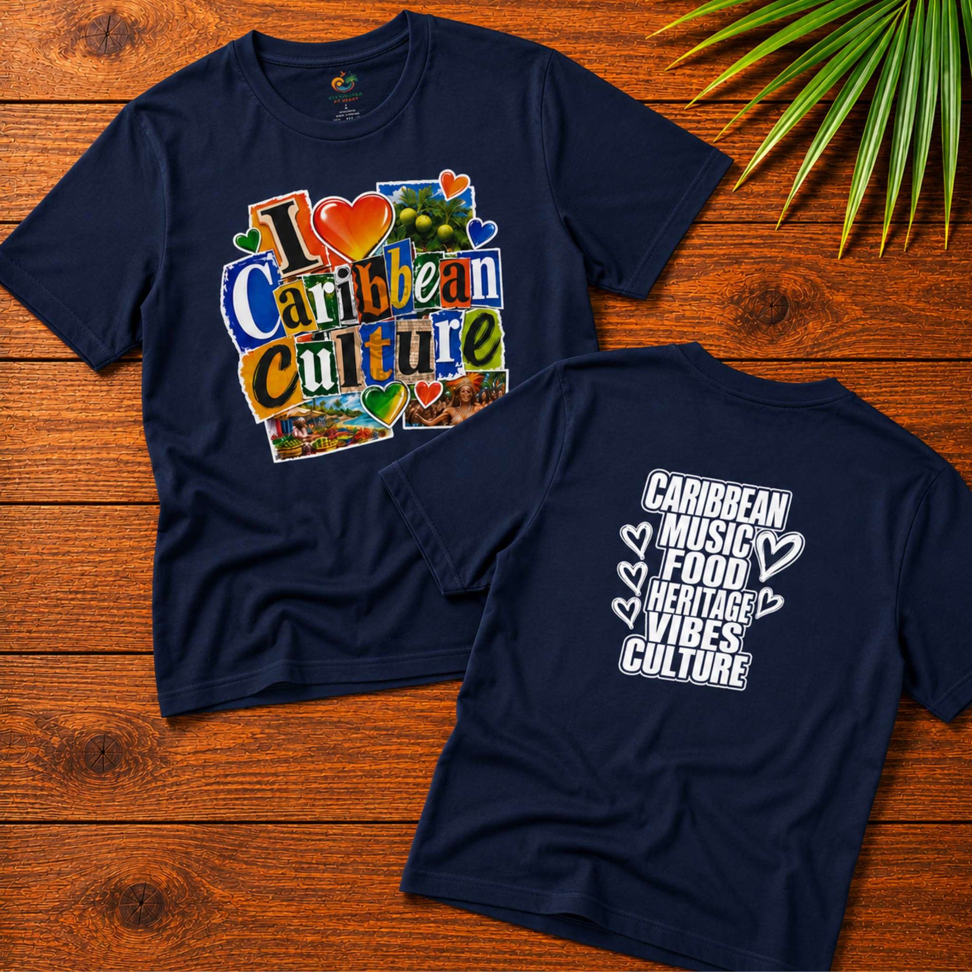 Youth shirt with colorful I Love Caribbean Culture graphic for Caribbean kids and matching family outfits.