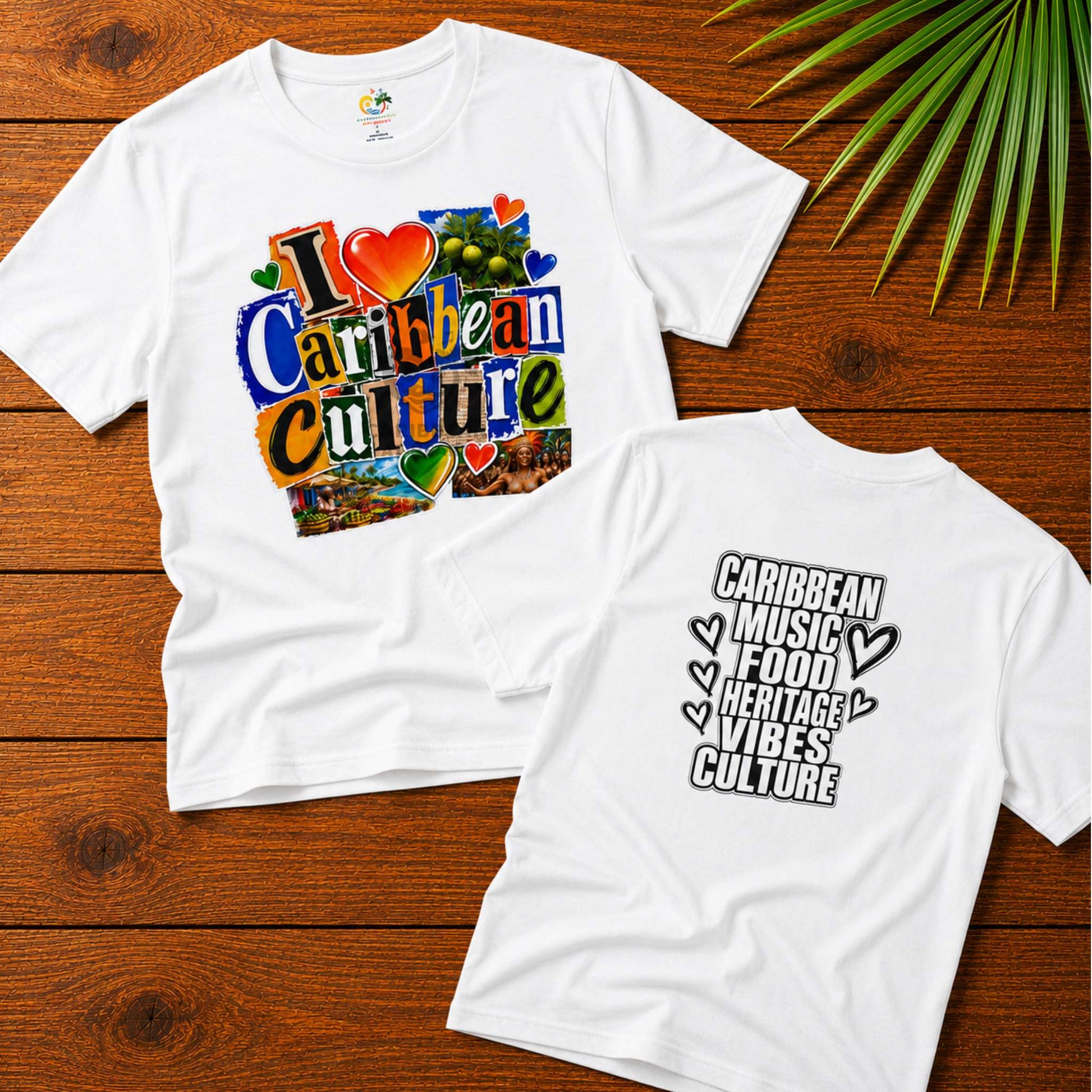 Youth shirt with colorful I Love Caribbean Culture graphic for Caribbean kids and matching family outfits.