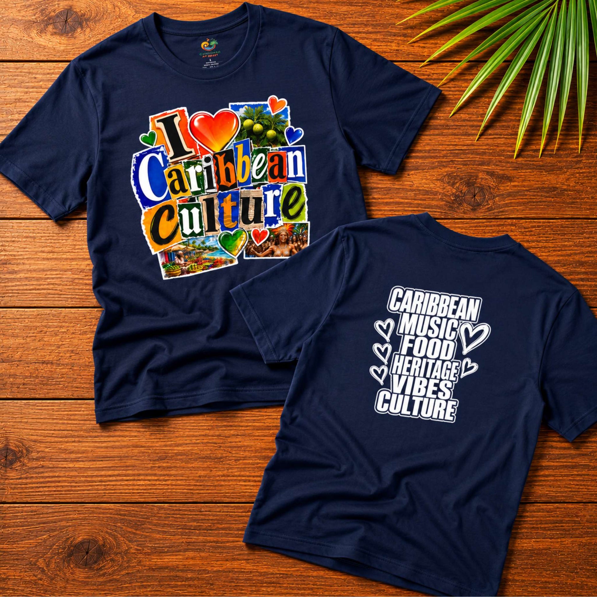 I Love Caribbean Culture adult unisex t-shirt with colorful front graphic and Caribbean culture word design on the back.