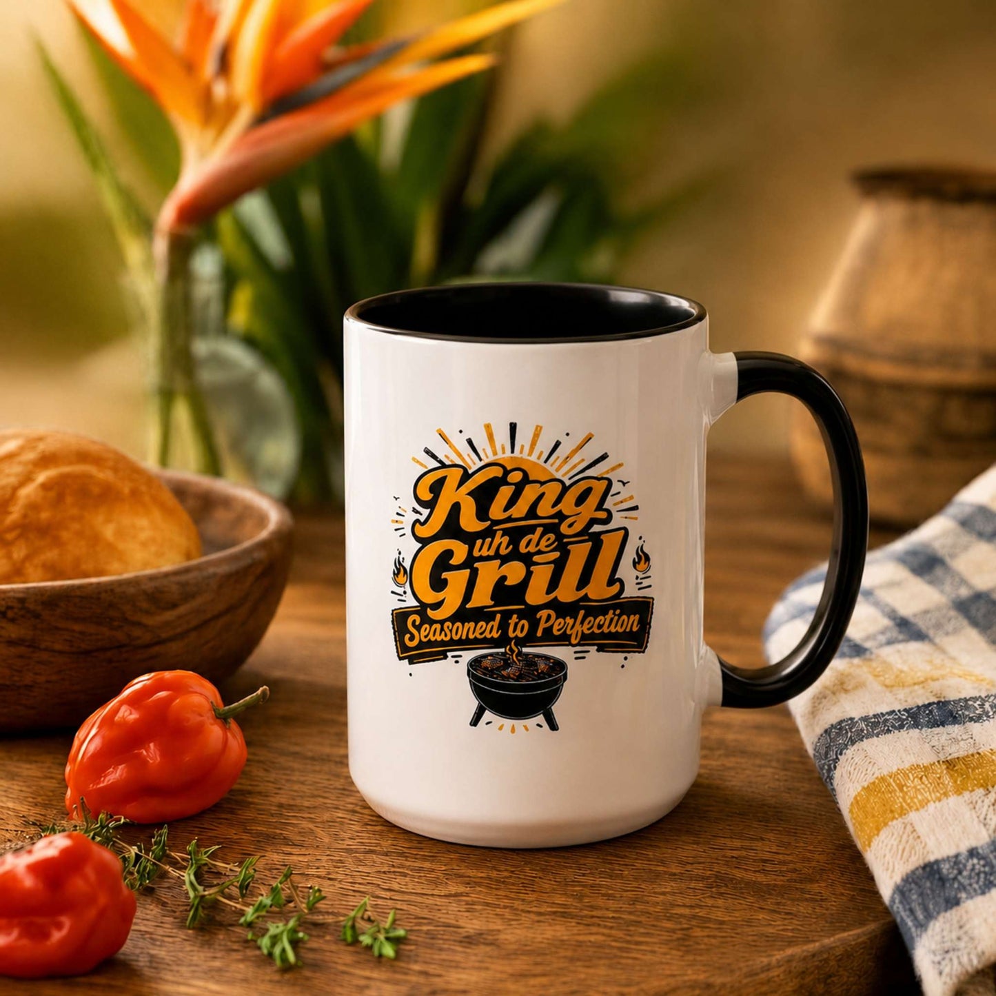 King uh de Grill accent mug with black handle and interior featuring Caribbean BBQ grill master design.