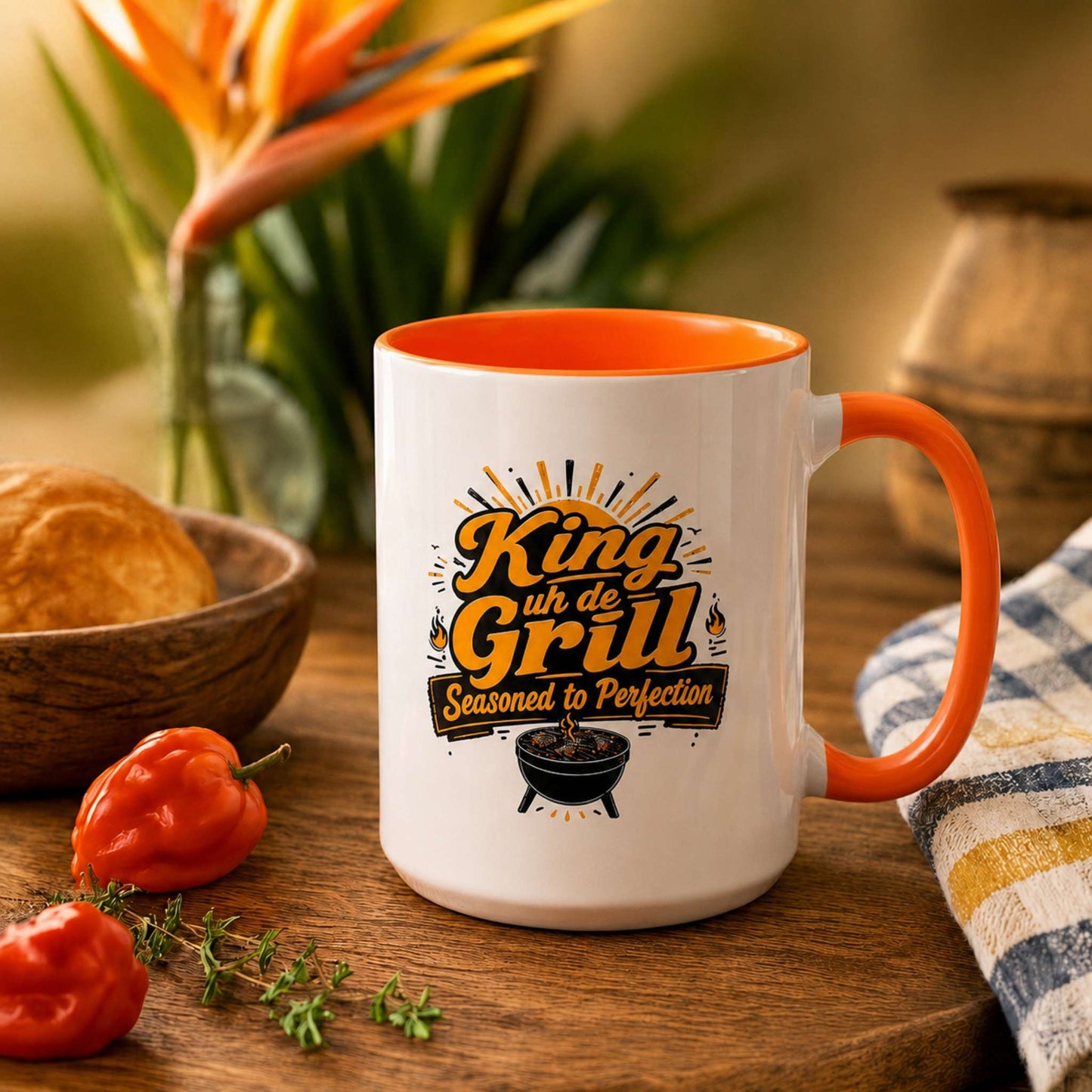 King uh de Grill accent mug with orange handle and interior featuring Caribbean BBQ grill master design.