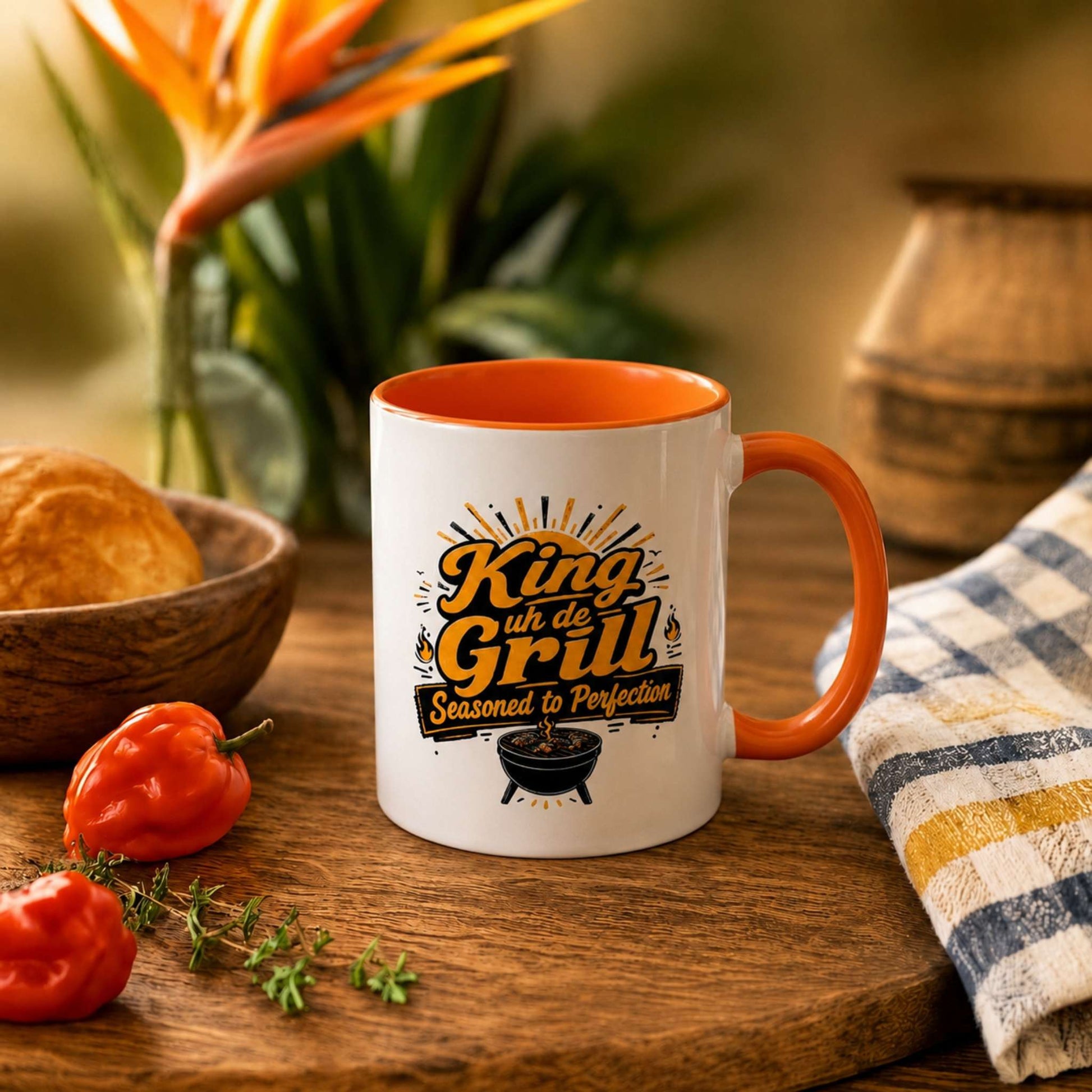King uh de Grill accent mug with orange handle and interior featuring Caribbean BBQ grill master design.