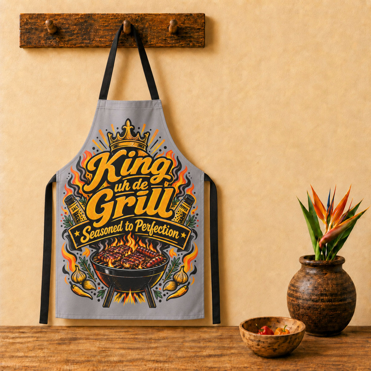 Grey Caribbean King uh de Grill barbecue apron with black straps, a fun gift for Caribbean grill masters and dads.