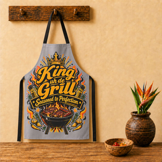 Grey Caribbean King uh de Grill barbecue apron with black straps, a fun gift for Caribbean grill masters and dads.