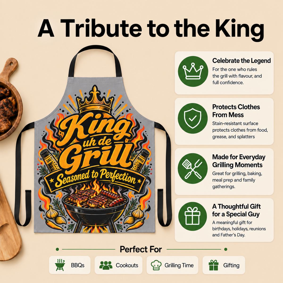 King uh de Grill Caribbean barbecue apron featuring bold crown and grill artwork, designed as a gift for Caribbean dads, grill masters and food lovers.