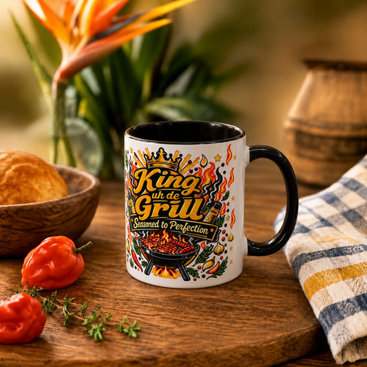 11 oz King uh de Grill Caribbean mug with black interior and handle, featuring bold barbecue artwork for dads and grill masters.