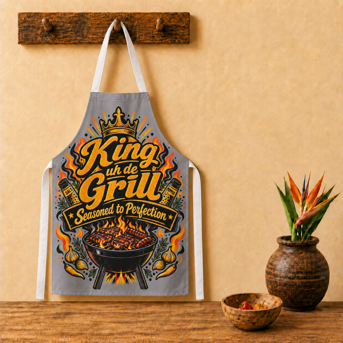 Caribbean King uh de Grill apron with bold barbecue artwork, designed for Caribbean dads, grill masters and food lovers.