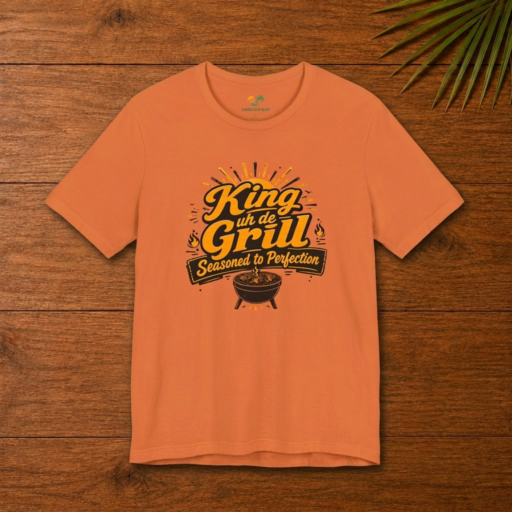 King uh de Grill Caribbean BBQ graphic t-shirt with bold grill master design