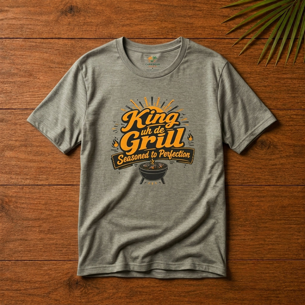 King uh de Grill Caribbean BBQ graphic t-shirt with bold grill master design