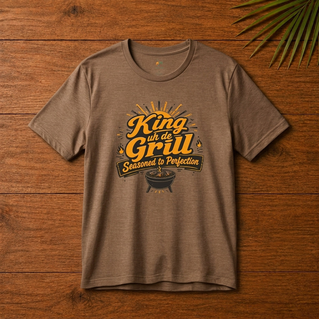 King uh de Grill Caribbean BBQ graphic t-shirt with bold grill master design