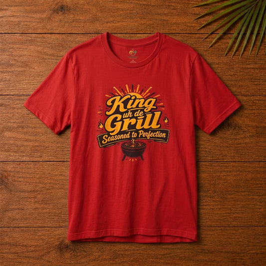 King uh de Grill Caribbean BBQ graphic t-shirt with bold grill master design
