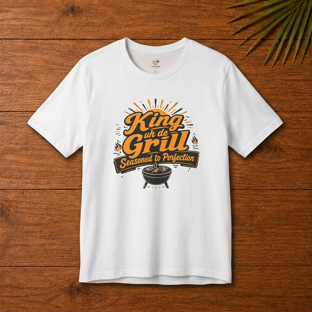 King uh de Grill Caribbean BBQ graphic t-shirt with bold grill master design