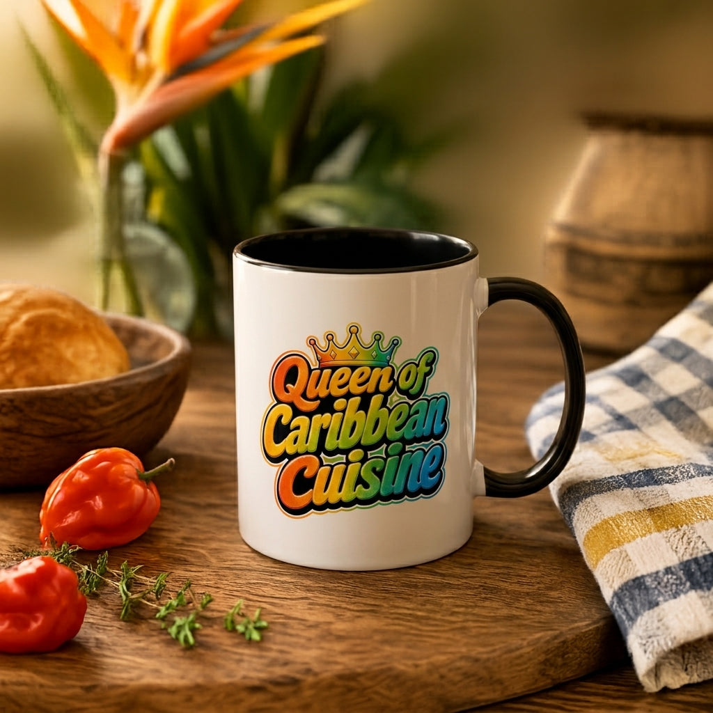 Queen of Caribbean Cuisine accent mug with colorful crown graphic and black handle and interior.