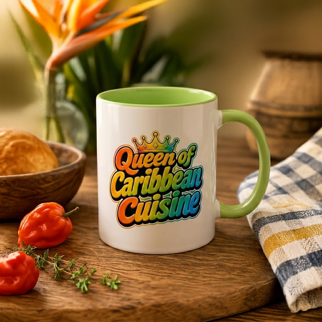 Queen of Caribbean Cuisine accent mug with colorful crown graphic and light green handle and interior.