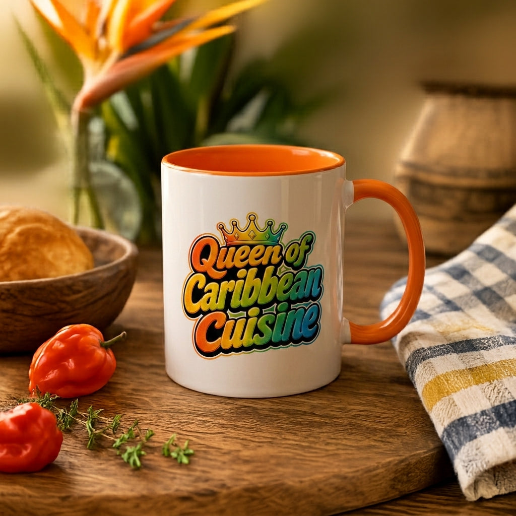 Queen of Caribbean Cuisine accent mug with colorful crown graphic and orange handle and interior.