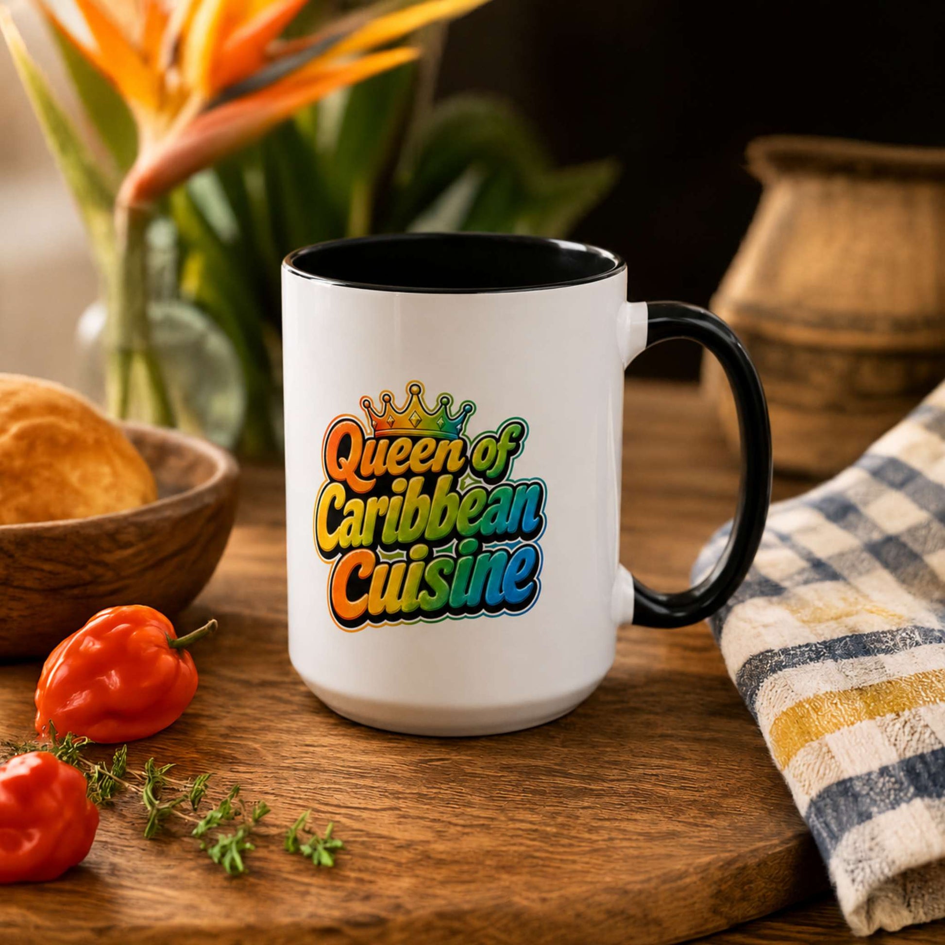 Queen of Caribbean Cuisine accent mug with colorful crown graphic and black handle and interior.