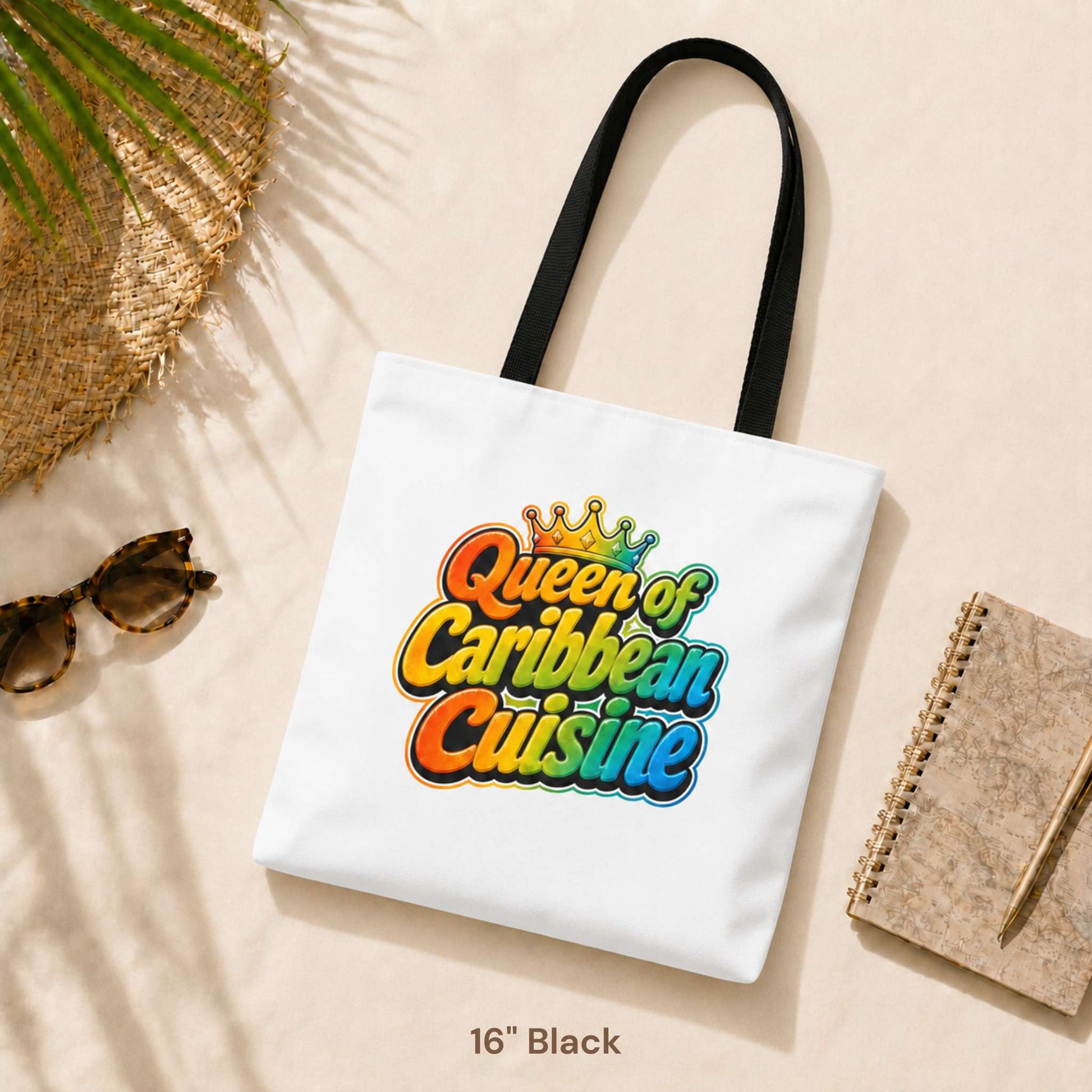 Queen of Caribbean Cuisine tote bag with colorful crown graphic and black shoulder handles, available in three sizes.