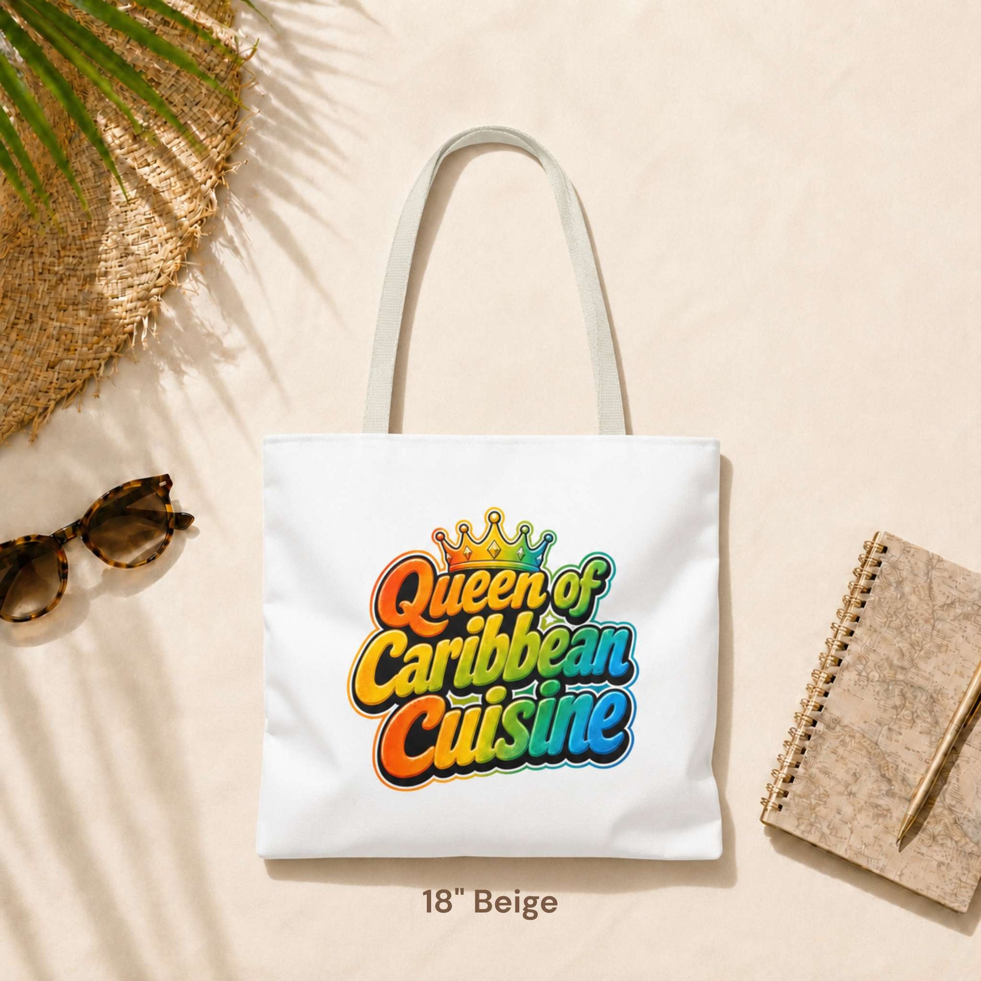 Queen of Caribbean Cuisine tote bag with colorful crown graphic and beige shoulder handles, available in three sizes.
