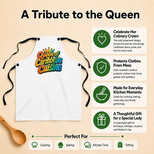 Queen of Caribbean Cuisine apron with colorful crown graphic for Caribbean cooks and food lovers.