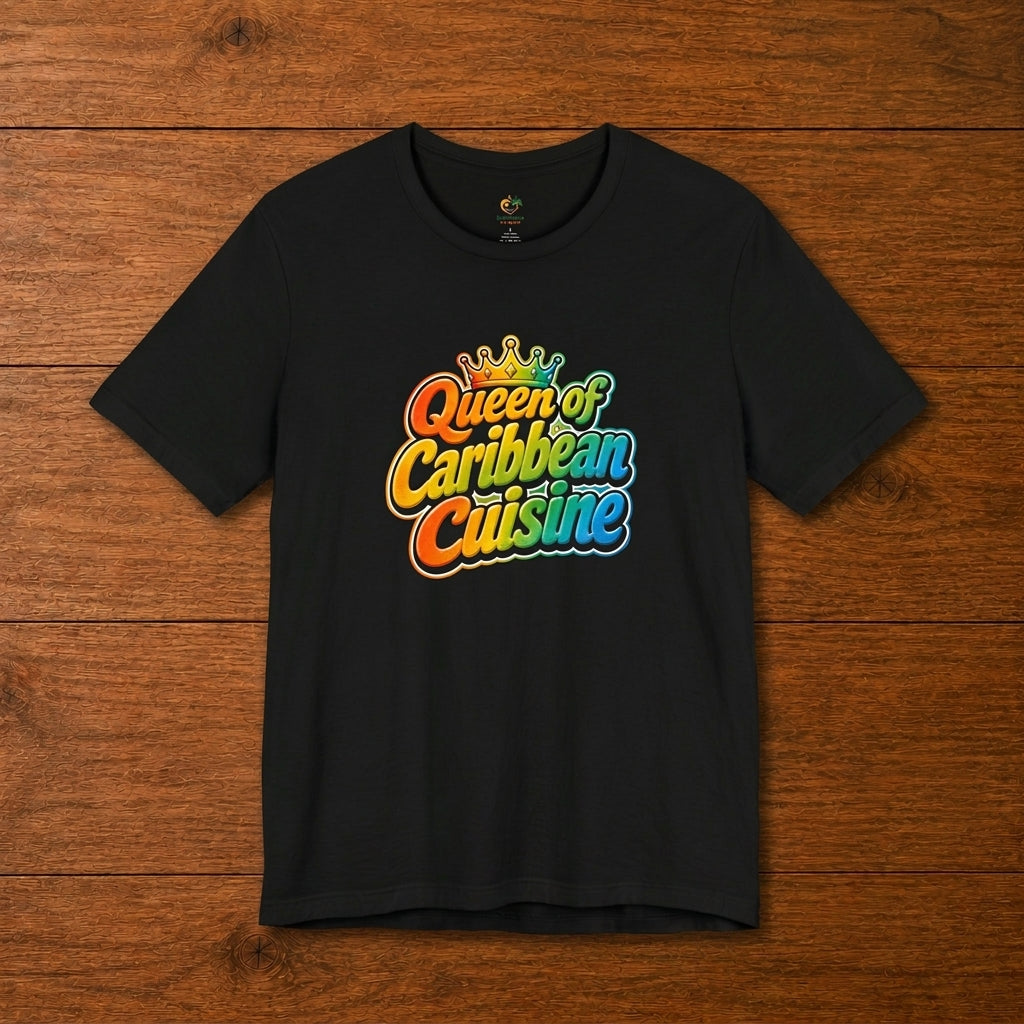 Queen of Caribbean Cuisine t-shirt with colorful crown graphic celebrating Caribbean food lovers.
