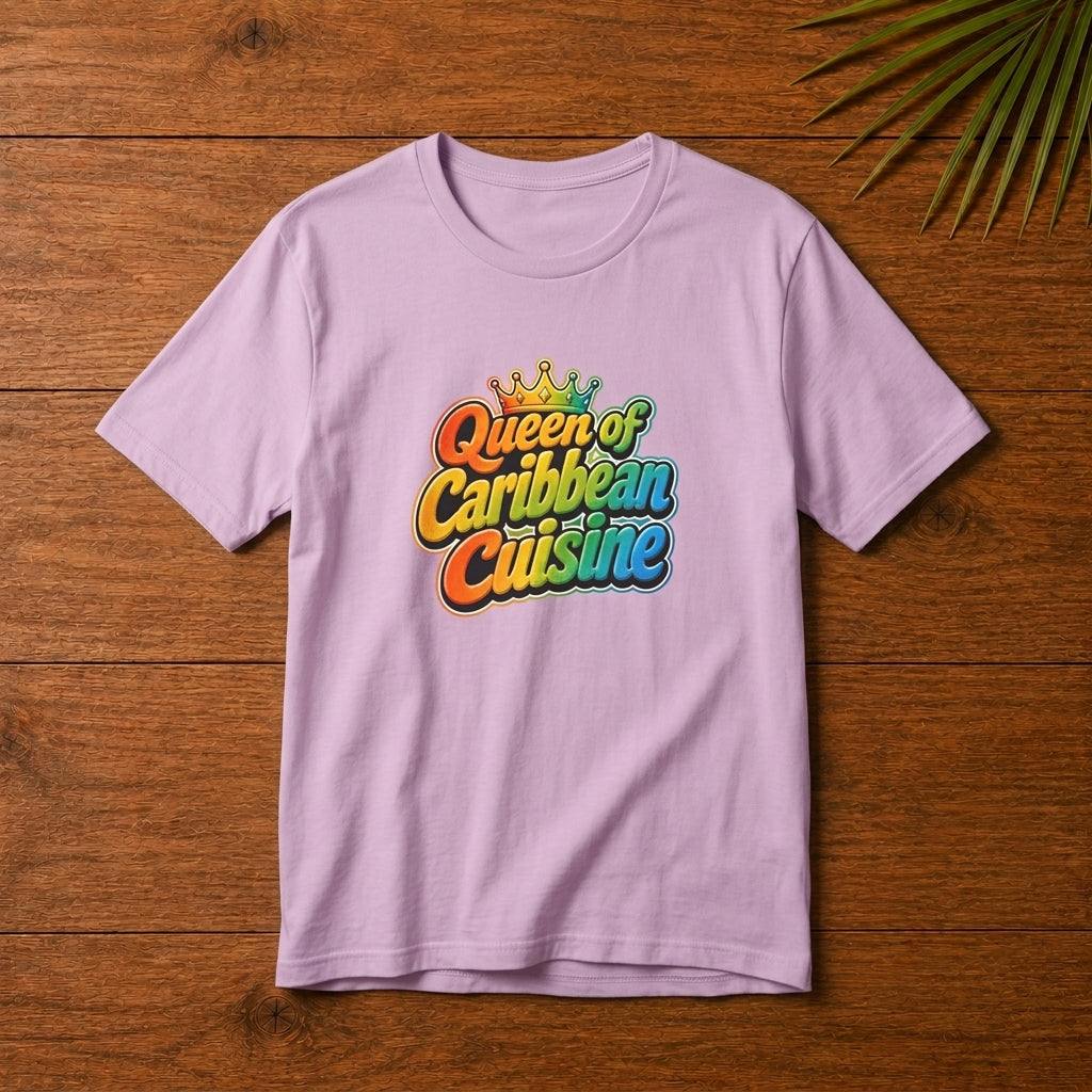 Queen of Caribbean Cuisine t-shirt with colorful crown graphic celebrating Caribbean food lovers.