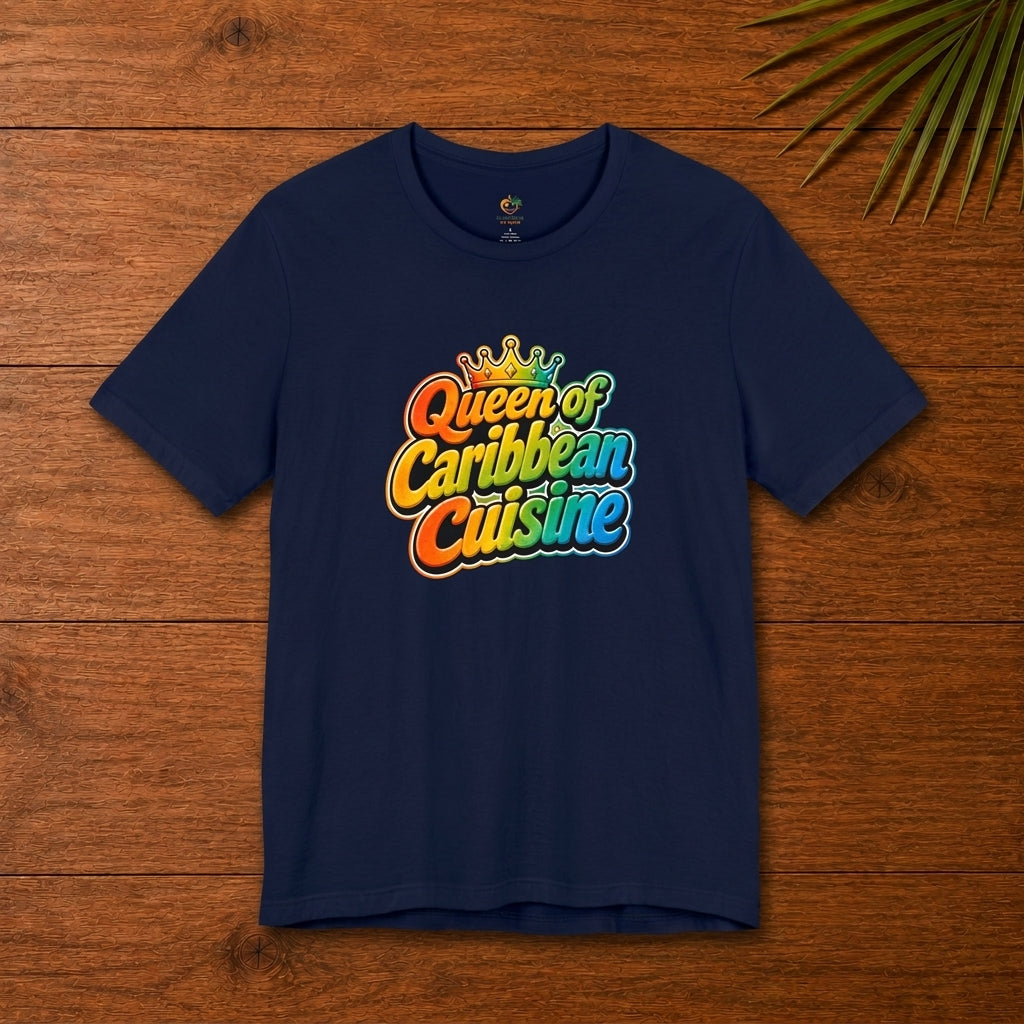 Queen of Caribbean Cuisine t-shirt with colorful crown graphic celebrating Caribbean food lovers.