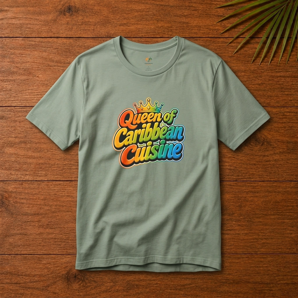 Queen of Caribbean Cuisine t-shirt with colorful crown graphic celebrating Caribbean food lovers.