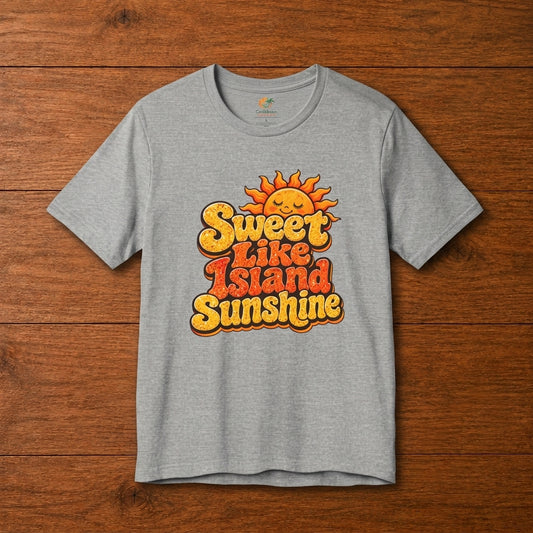 Adult unisex shirt with Sweet Like Island Sunshine Caribbean graphic for matching family outfits.